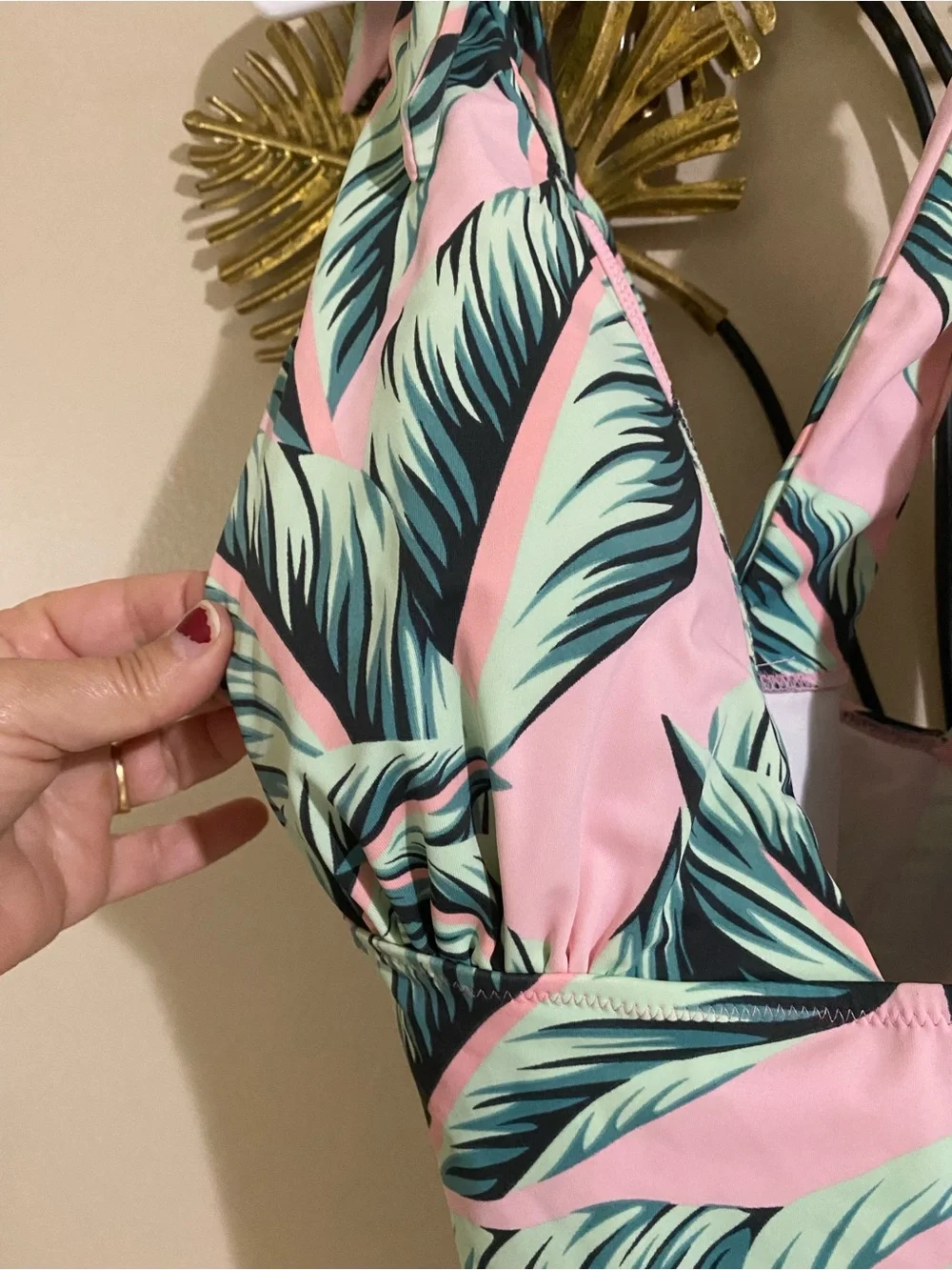 Pink Tropical Leaf One-Piece Swimsuit with Green Palm Print